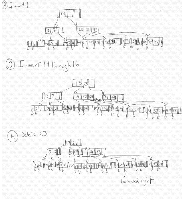 Pictures of the B-trees for part f,g, and h