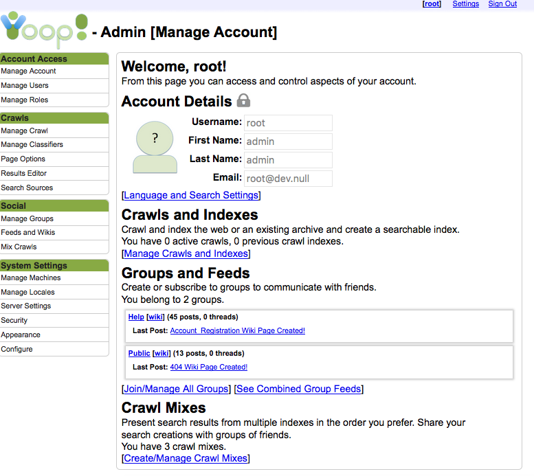 Yioop Admin Page