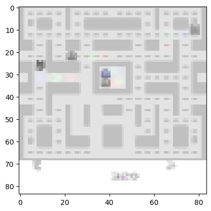 Sample frame of the Ms PacMan ALE environment after downscaling image size and converting to greyscale using the DeepMind Atari wrappers.